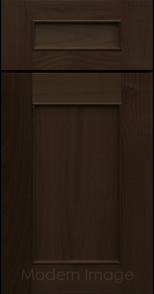 Detail view of a Chandler Shaker cabinet door in Brownie stain with raised molding along the inner panel.